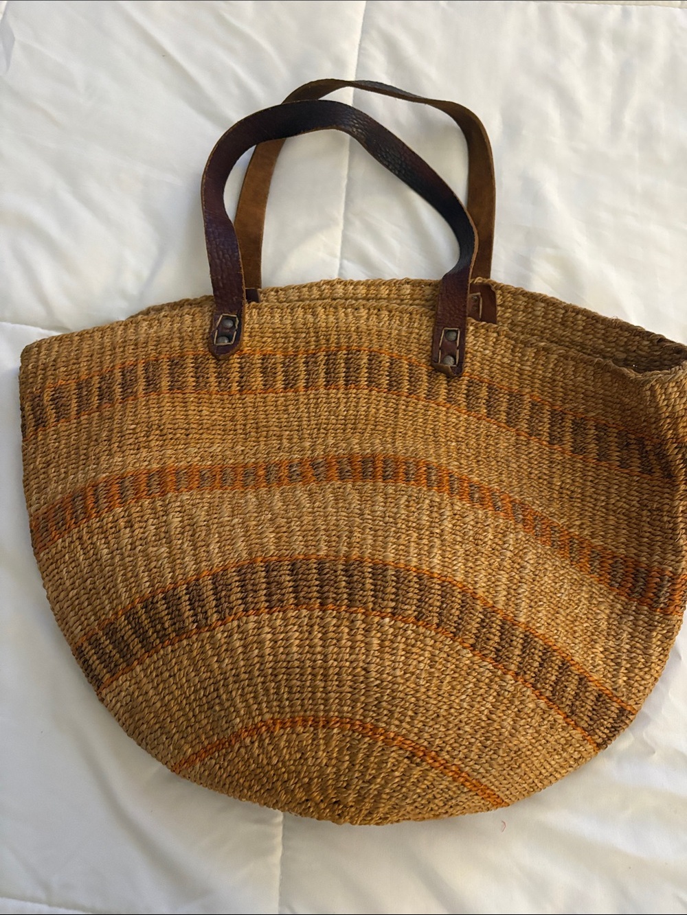 Handwoven Basket Tote Leather Handles Boho Artisan Market Bag